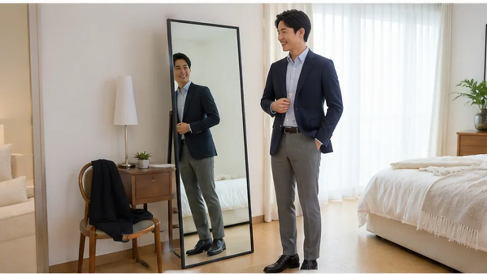 お見合いへ向かう前に鏡で服装を整える人物