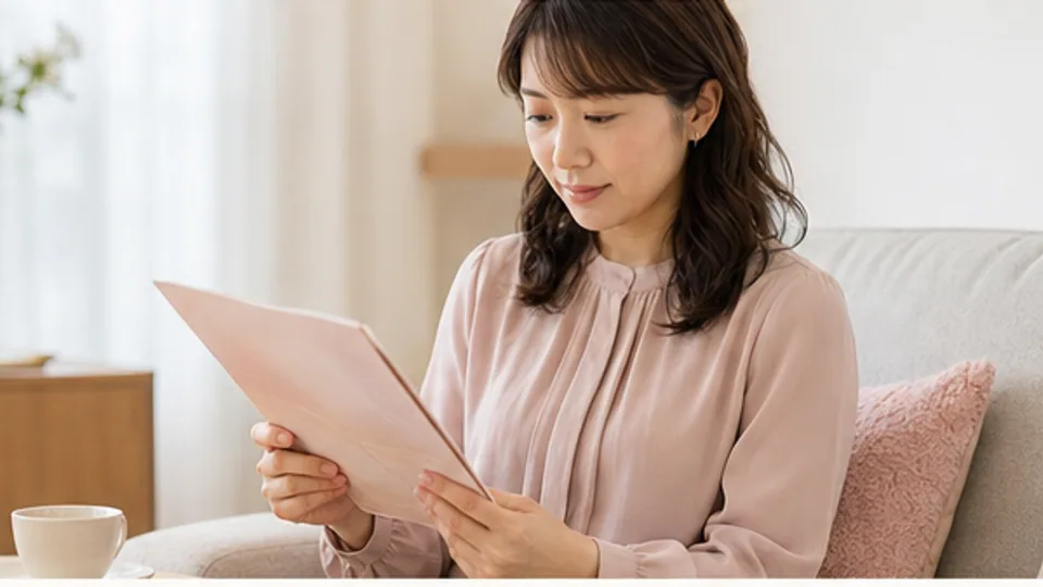 自宅で相談資料とチェックリストを見直す女性