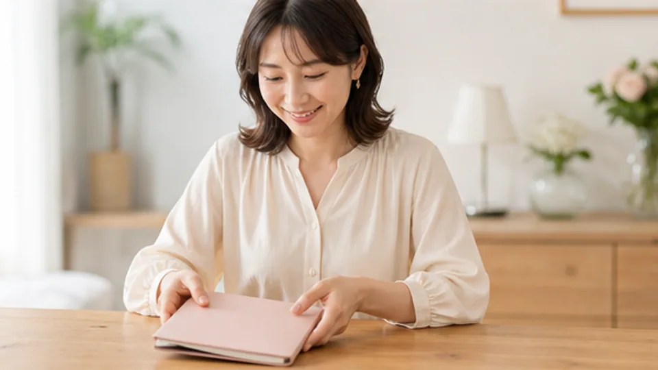 小さな植物のそばでプロフィールの最終確認をする様子