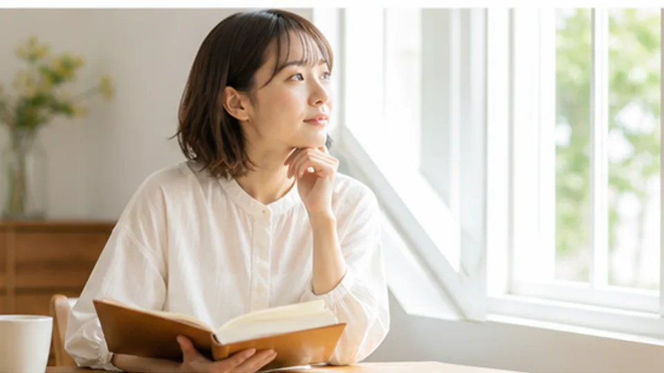 明るい窓辺で将来の不安を整理する女性