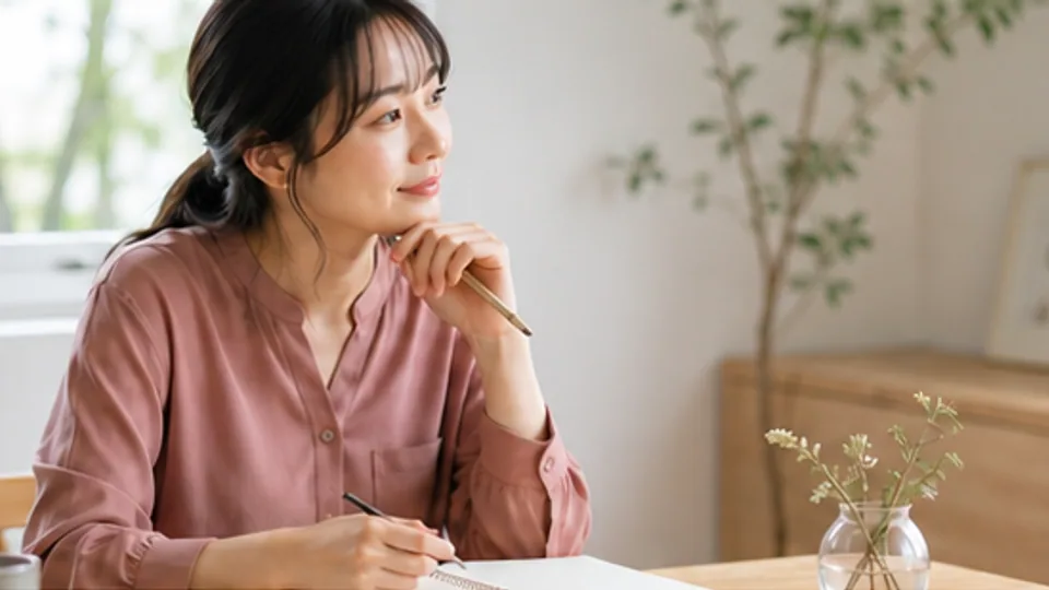 明るい部屋で婚活の最初の一歩を考える女性