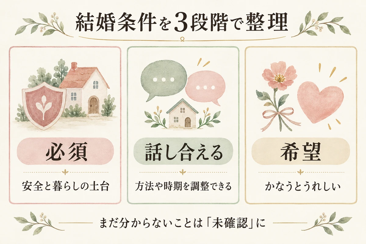 結婚条件を、必須(安全と暮らしの土台)、話し合える(方法や時期を調整できる)、希望(かなうとうれしい)の3段階に整理し、不明なことは未確認に置く図