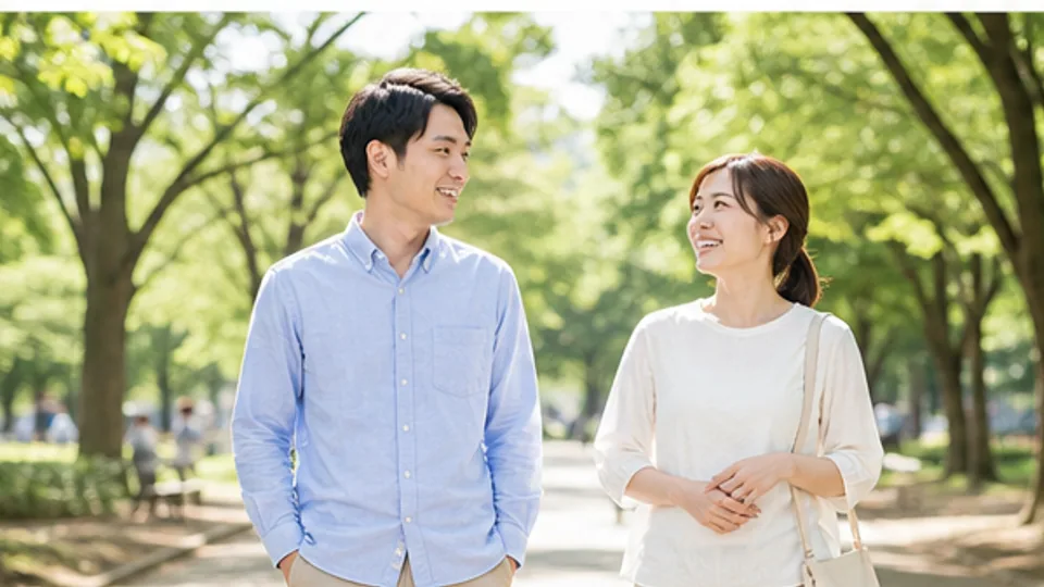 木漏れ日の公園を会話しながら歩く二人
