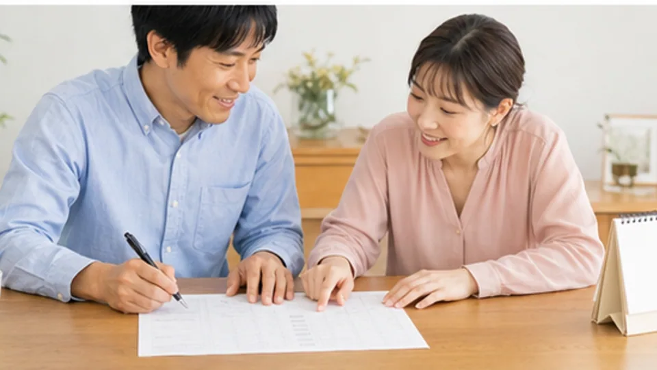 週末婚の見直し日を予定表に記す二人