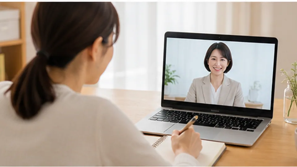 明るい部屋でオンライン相談を受ける様子