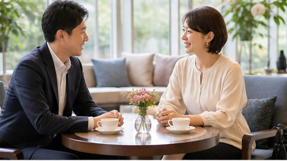 明るいラウンジで互いの話を聞きながら会話する二人