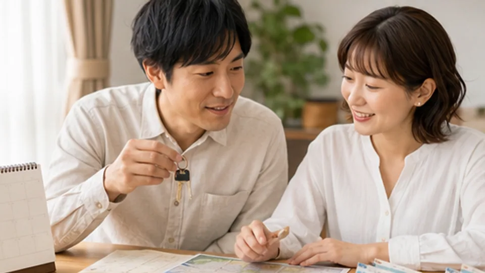 二つの住まいの鍵と予定を確認する二人