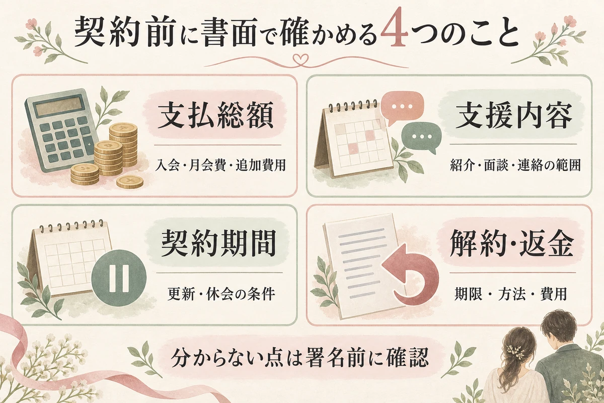 契約前に書面で確認する4項目。支払総額、支援内容、契約期間、解約・返金の条件を署名前に確認する図