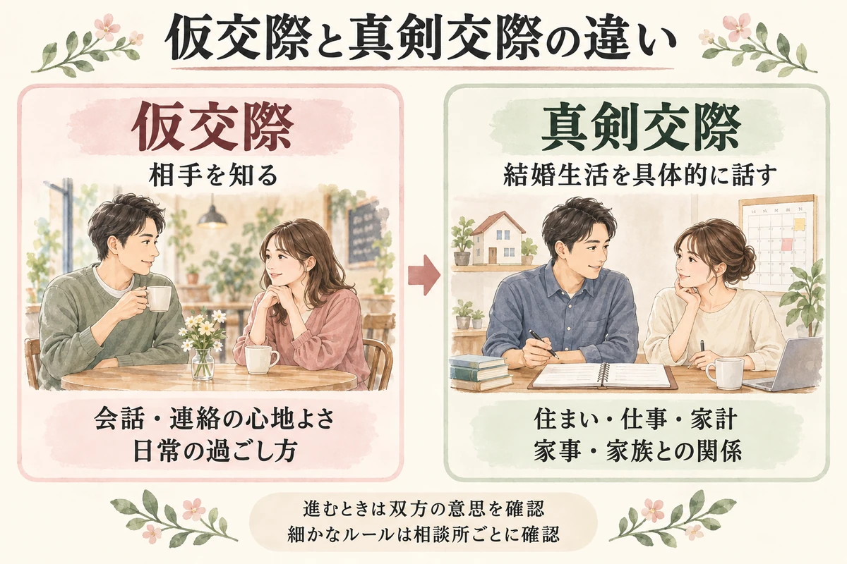 仮交際は会話や日常を通して相手を知り、真剣交際は住まい・仕事・家計や家族との関係を具体的に話す段階。進むときは双方の意思と相談所のルールを確認する図