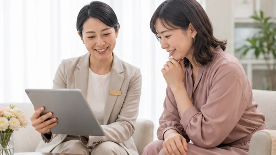 落ち着いたラウンジで互いの暮らし方について話す二人