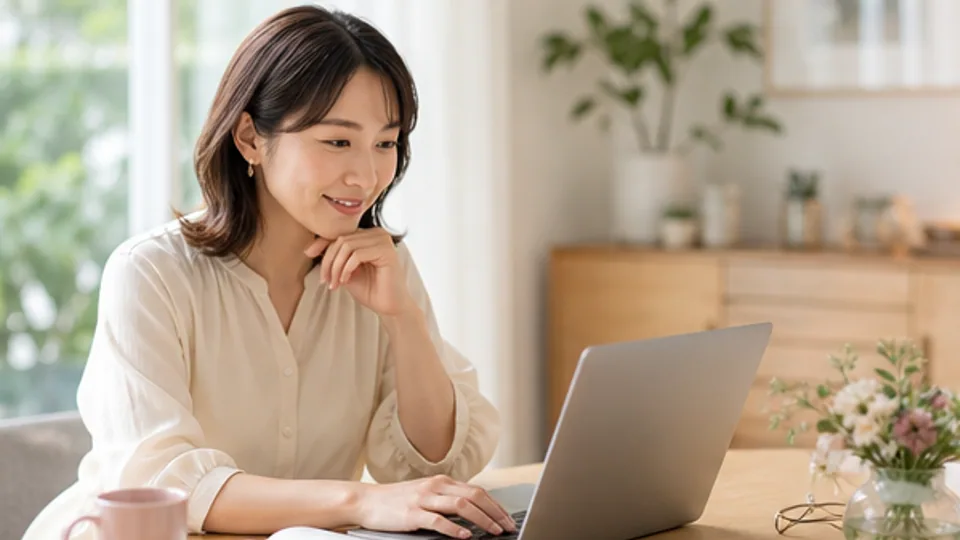 自宅の明るいテーブルで婚活プロフィールを書く人物