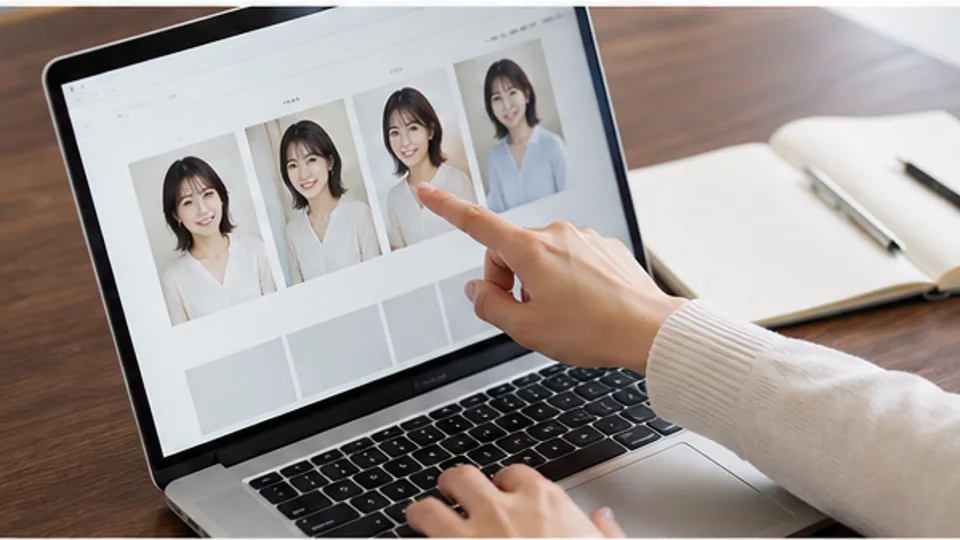 複数の写真から自然な一枚を選ぶ手元