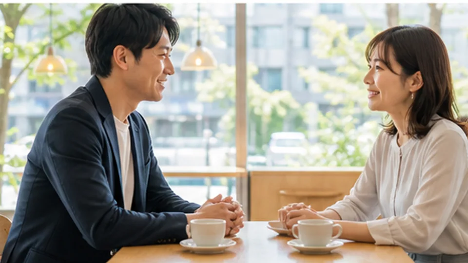 オンラインで話した後に公共の場所で会う二人