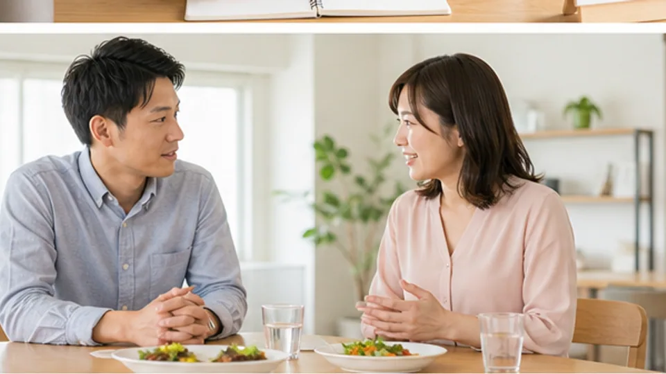生活設計のメモを見ながら話し合う二人