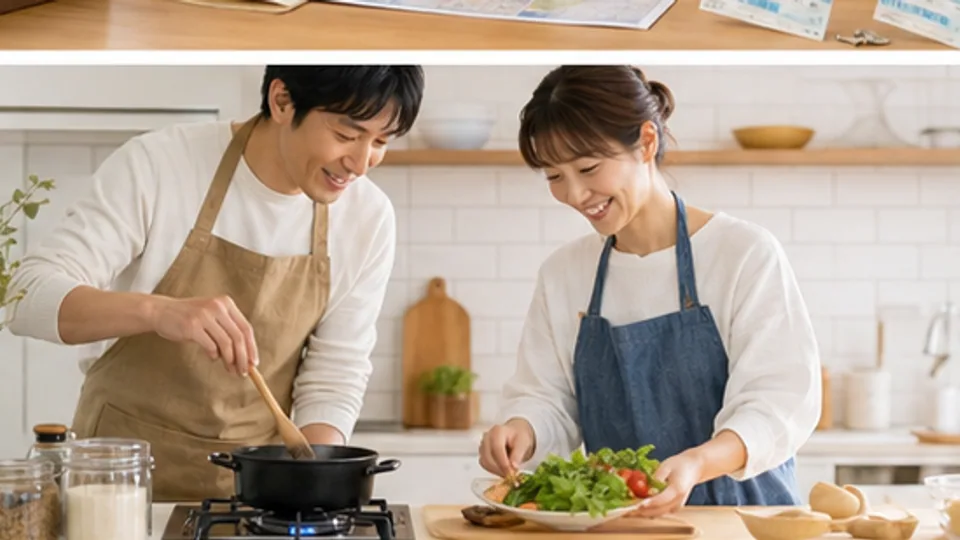 週末に料理をしながら日常を共有する二人