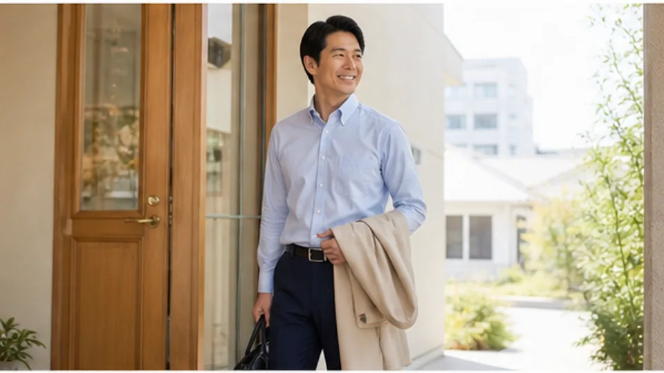 整えた服装で明るいラウンジに到着した人