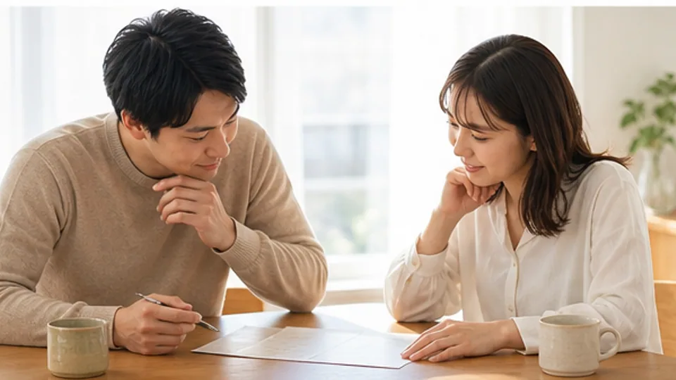 将来の暮らしについて話しながらノートを取る二人