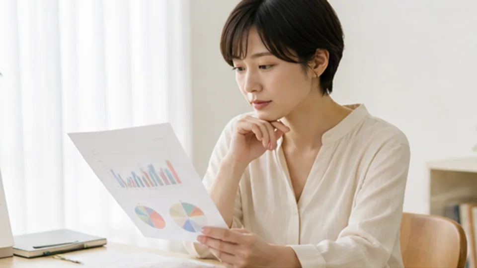 平均年齢の統計資料を落ち着いて読む女性
